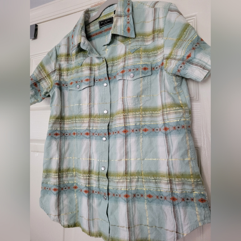 Bit & Bridle Womens Short Sleeve Western Pearl Snap Size Medium Rodeo